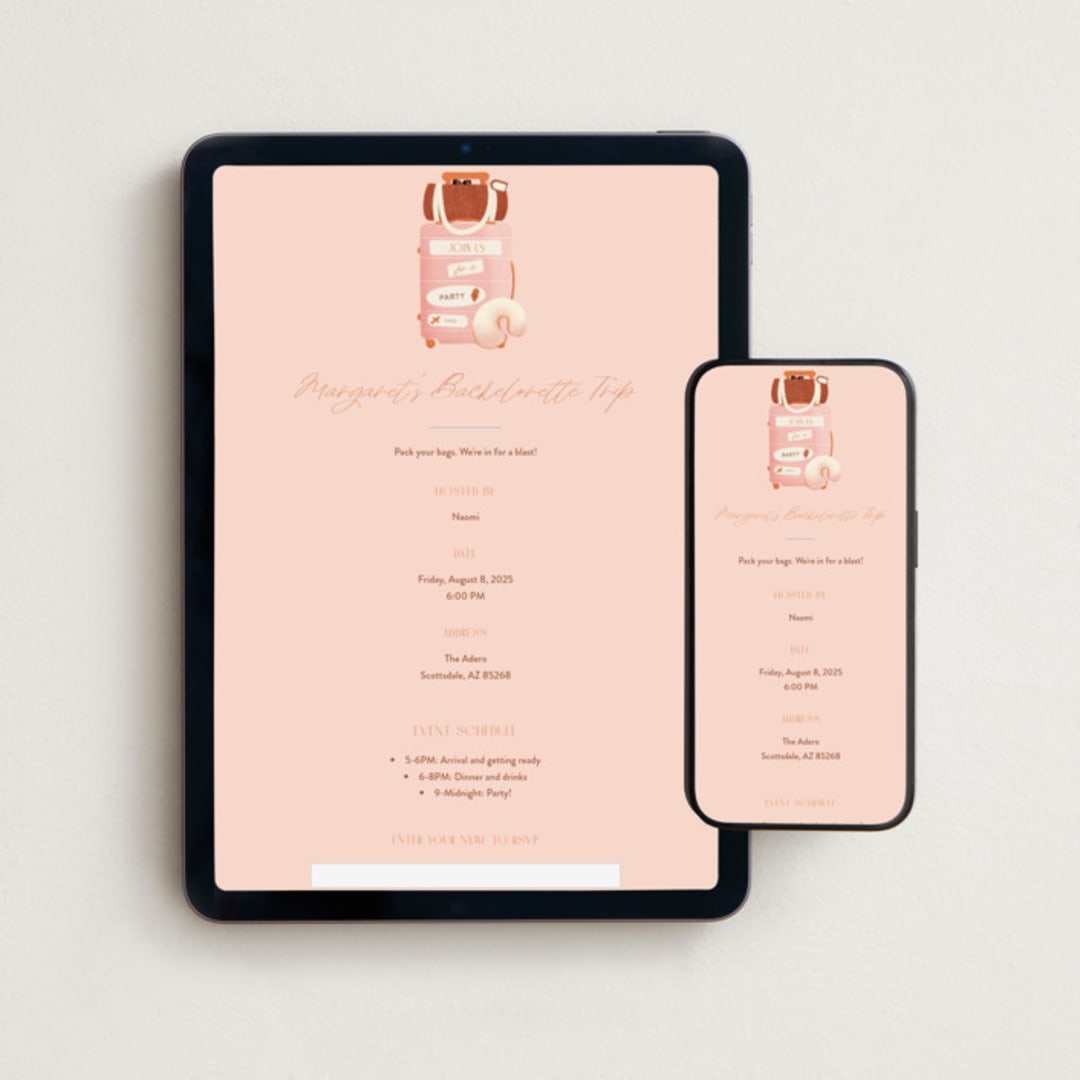"Boarding" - Online Bachelorette Party Invitations in Blush by Gwen Bedat - Mobile + desktop layout