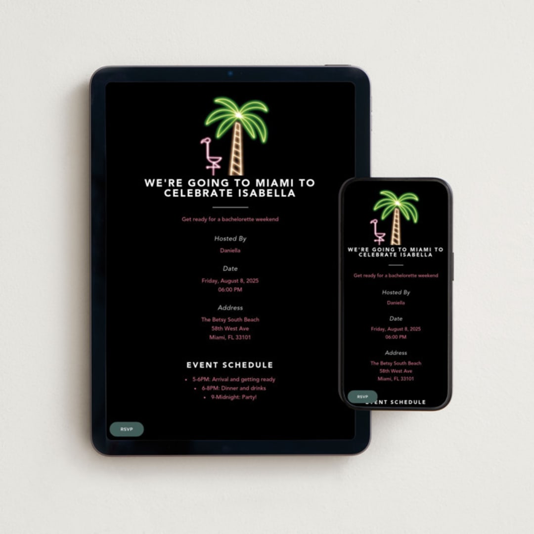 "Miami Neon" - Online Bachelorette Party Invitations in Midnight by Cindy Reynolds - Mobile + desktop layout