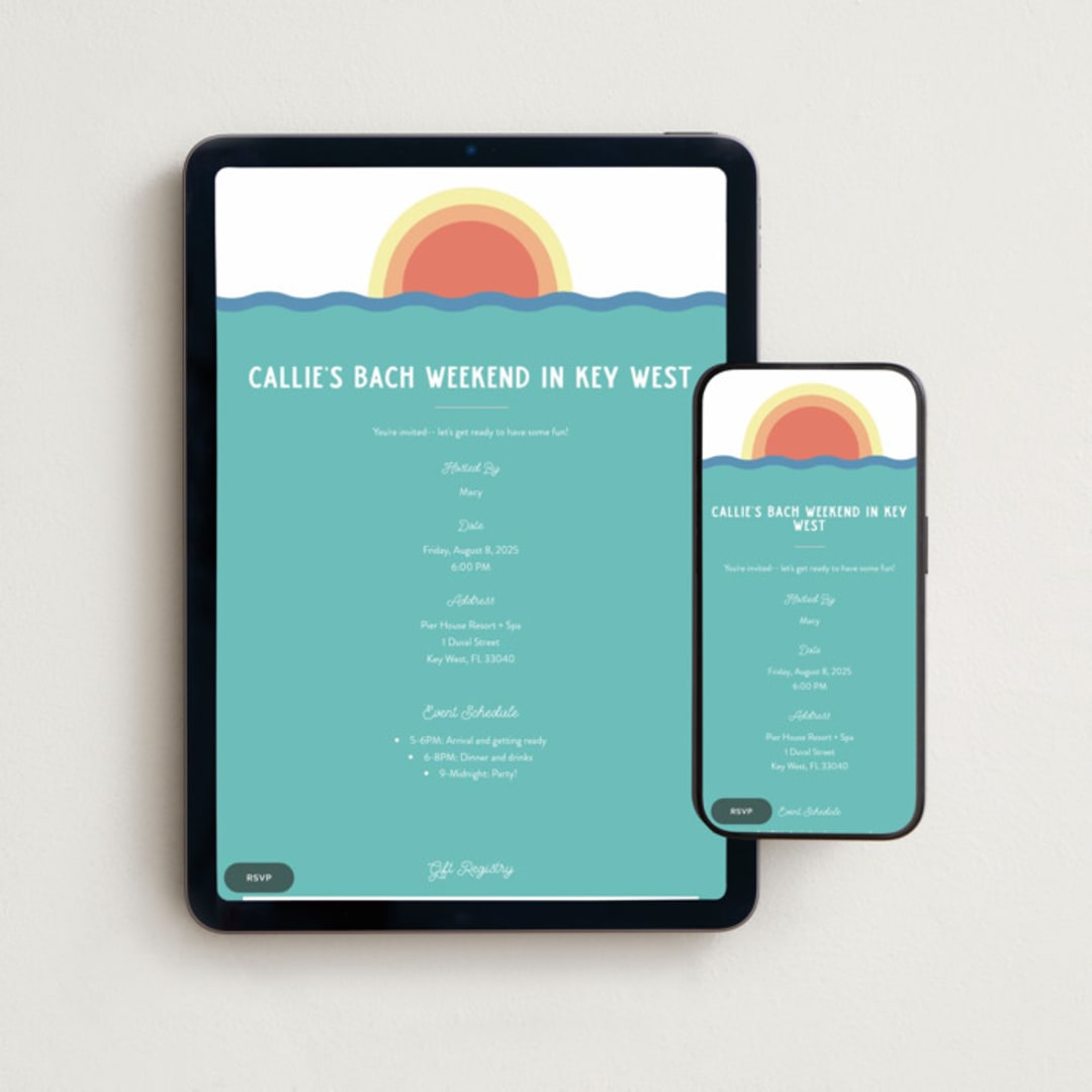 "Laid Back" - Online Bachelorette Party Invitations in Sunset by Emily Sabol Goss - Mobile + desktop layout