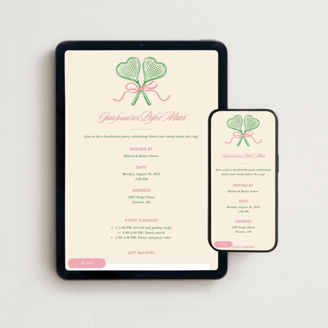 "Perfect Match" - Online Bachelorette Party Invitations in Watermelon by Sam Dubeau - Mobile + desktop layout