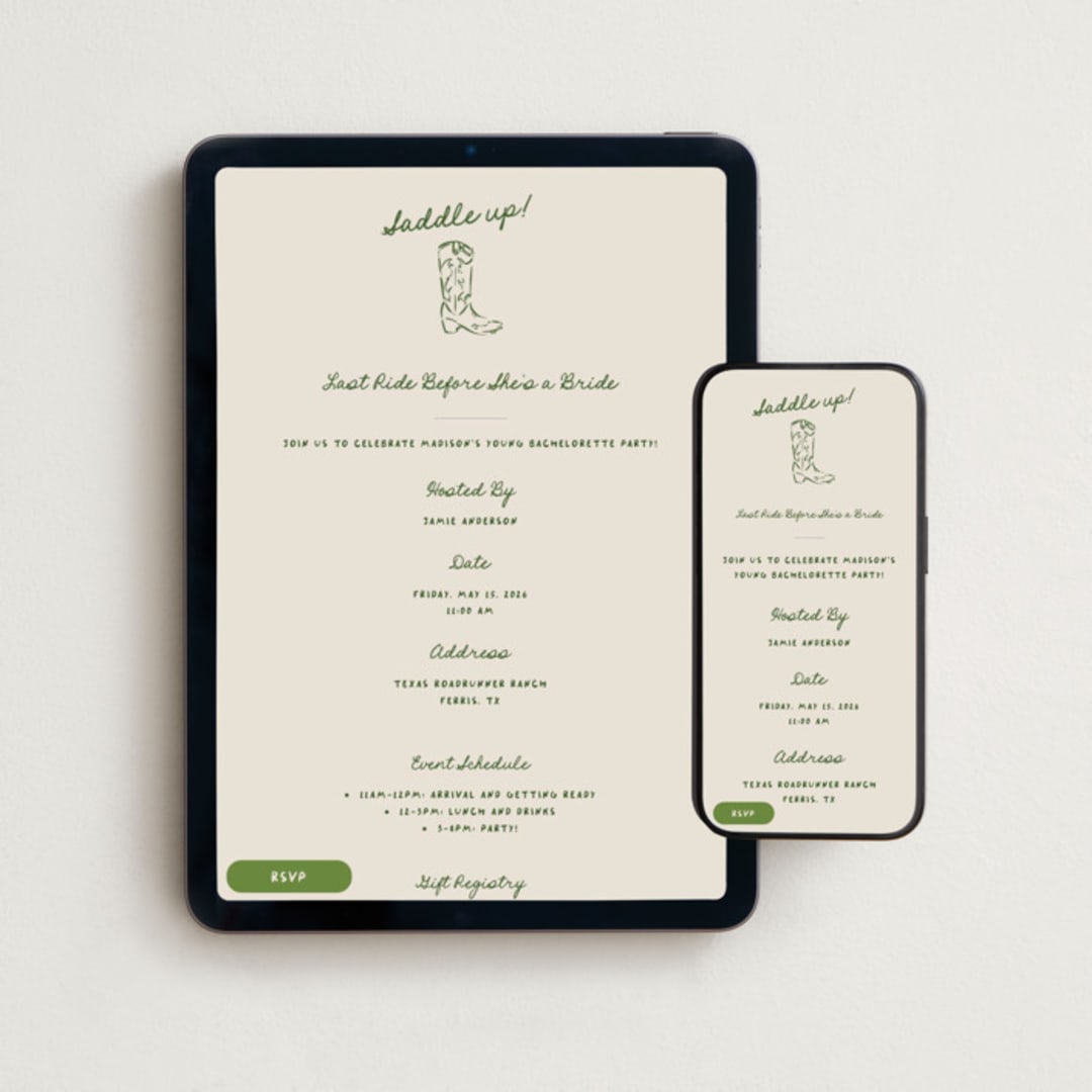 "Saddle Up" - Online Bachelorette Party Invitations in Lasso by Claudia Orengo - Mobile + desktop layout