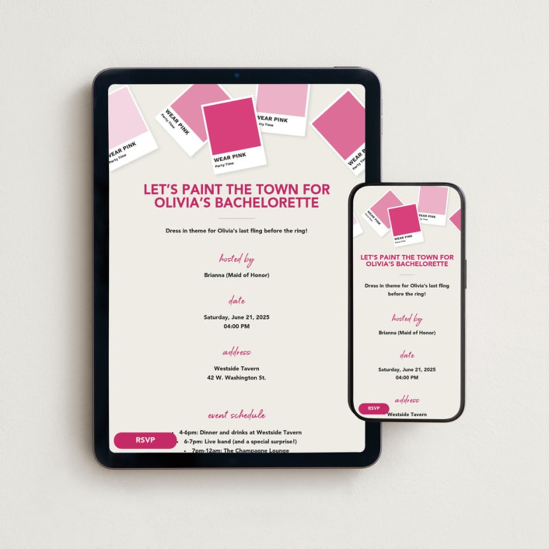 "Color Theme" - Online Bachelorette Party Invitations in Raspberry by Rachelle Clarke - Mobile + desktop layout