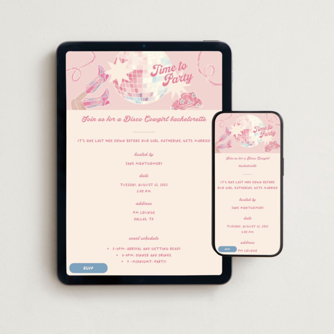 "Disco cowgirl" - Online Bachelorette Party Invitations in Azalea by Creo Study - Mobile + desktop layout
