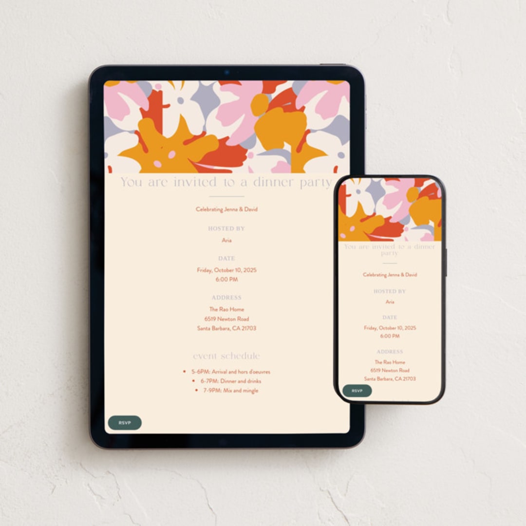 "efflorescent" - Online Dinner and Cocktail Party Invitations in Sunset by Olivia Raufman - Mobile + desktop layout