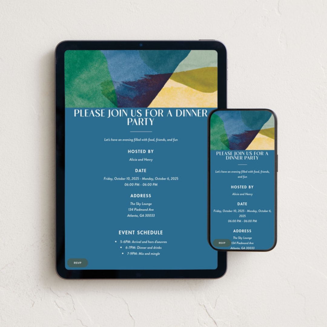 "Azul" - Online Dinner and Cocktail Party Invitations in Peacock by Carmia Jordaan - Mobile + desktop layout