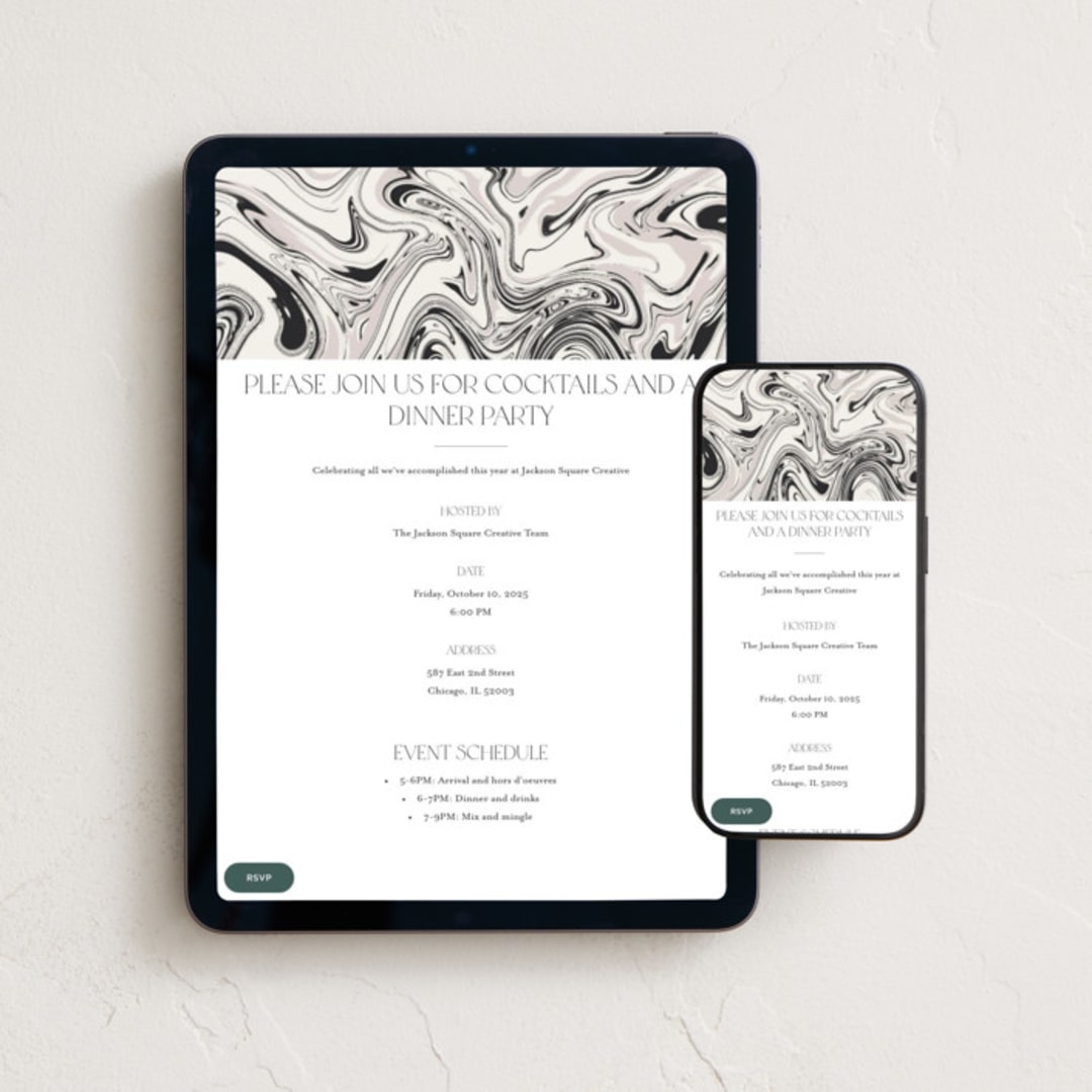 "marbled elegance" - Online Dinner and Cocktail Party Invitations in Dove by Carolyn Nicks - Mobile + desktop layout