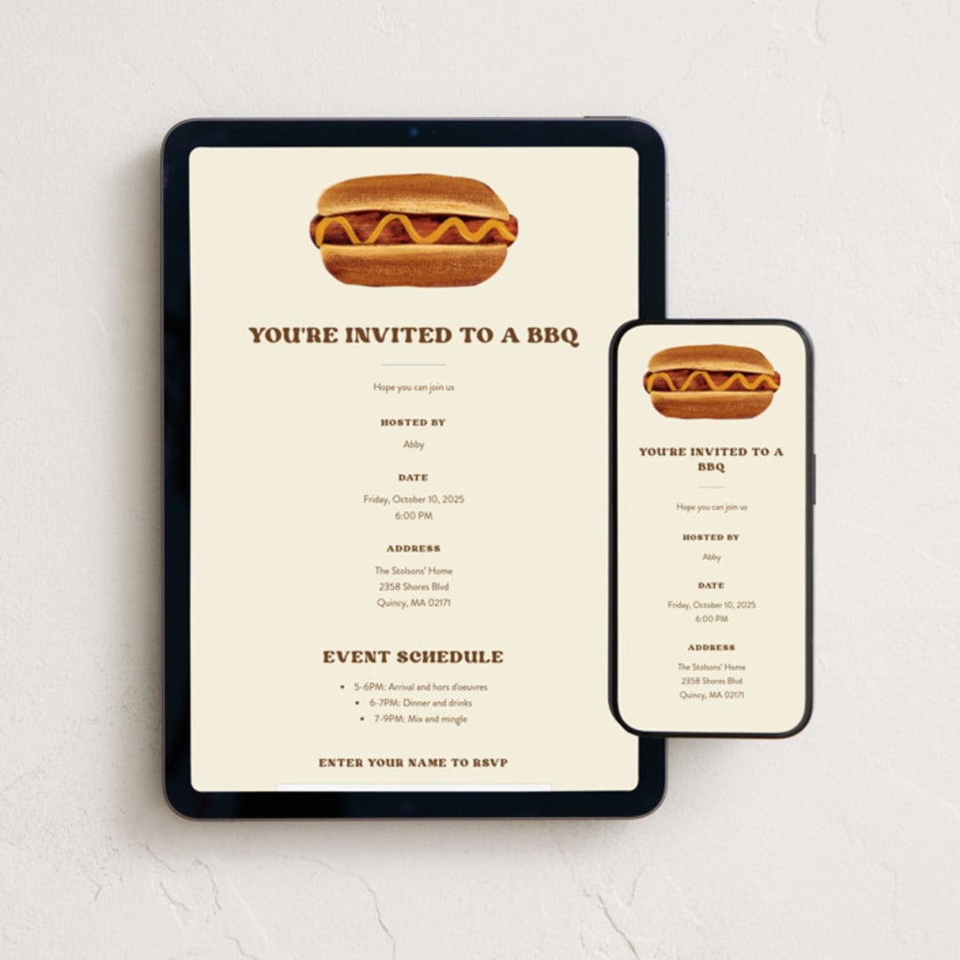 "BBQ" - Online Dinner and Cocktail Party Invitations in Mustard by Gwen Bedat - Mobile + desktop layout