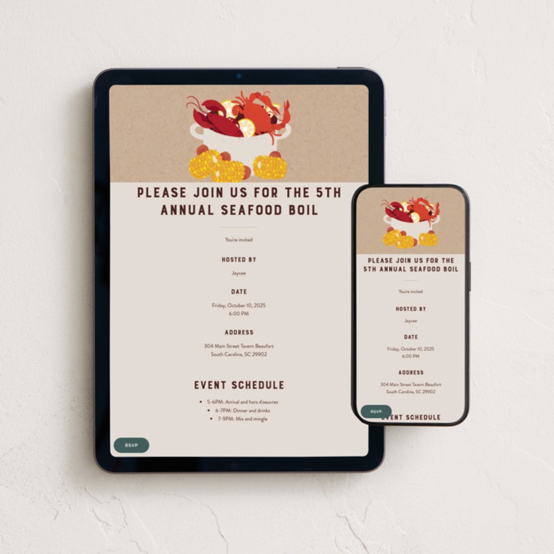 "Seafood Boil" - Online Dinner and Cocktail Party Invitations in Kraft by Rebecca Smith - Mobile + desktop layout