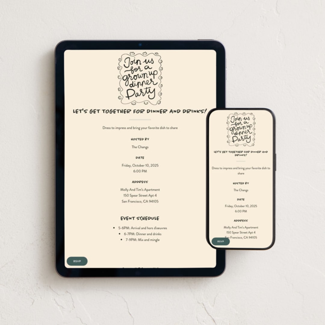"All grown up" - Online Dinner and Cocktail Party Invitations in Classic by Inkblot Design - Mobile + desktop layout