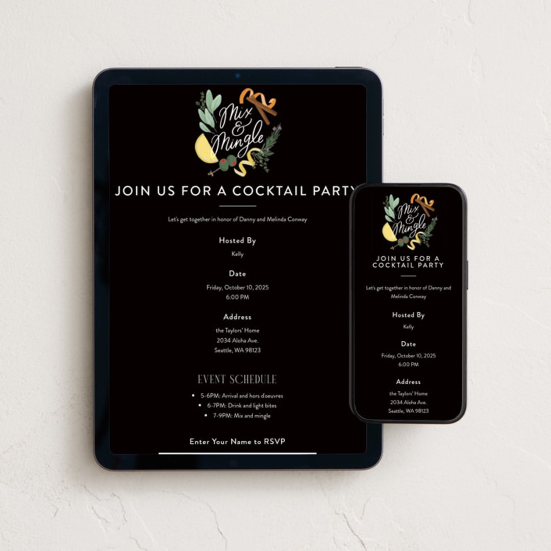 "Mix and Mingle" - Online Dinner and Cocktail Party Invitations in Noir by Alethea and Ruth - Mobile + desktop layout