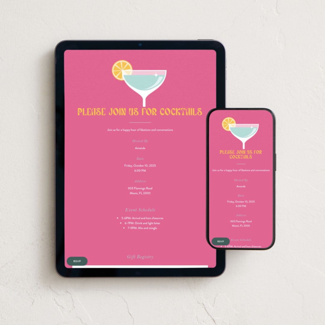 "Modern Cocktails" - Online Dinner and Cocktail Party Invitations in Flamingo by Maria Alou - Mobile + desktop layout