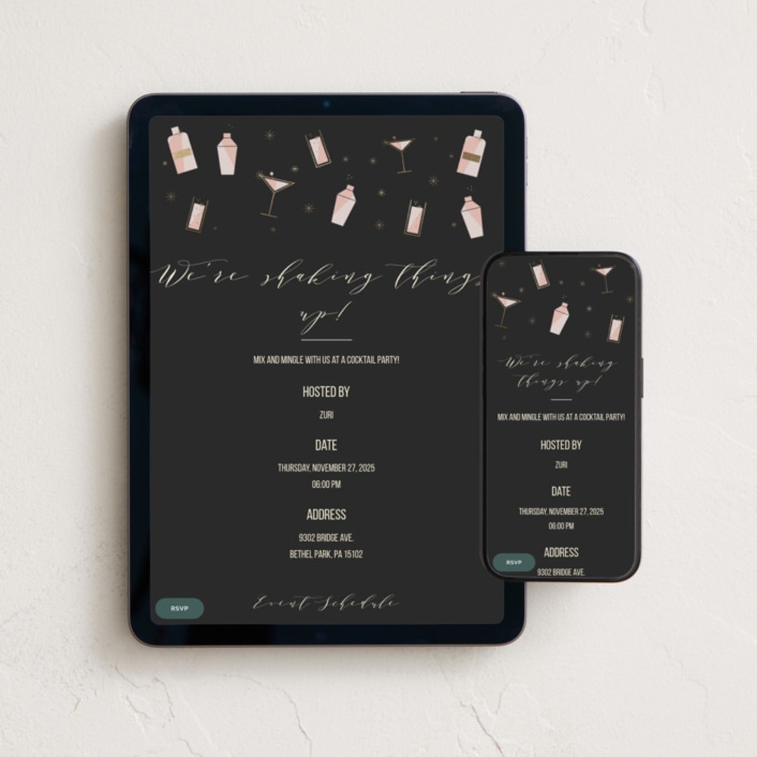 "Celebratory Cocktails" - Online Dinner and Cocktail Party Invitations in Ink by Bethan - Mobile + desktop layout