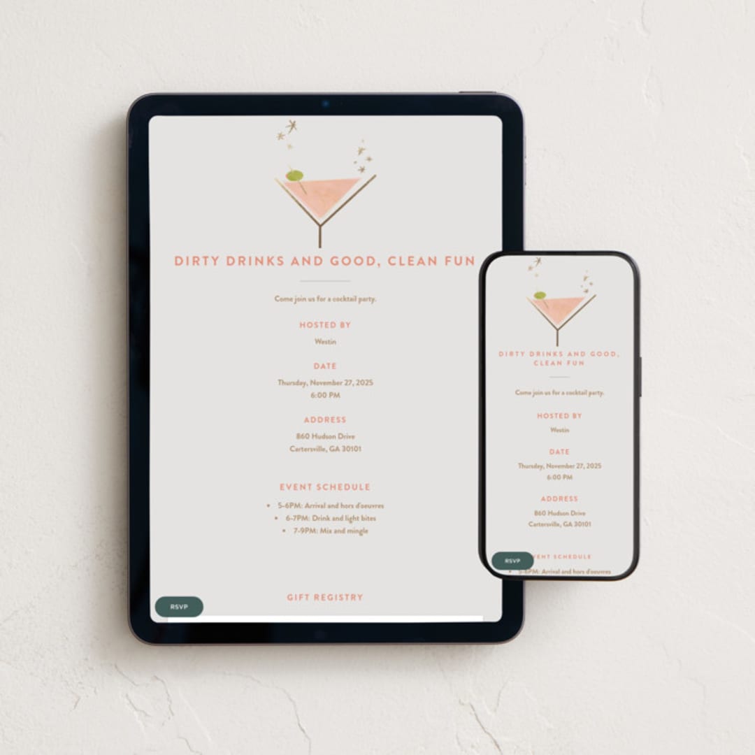 "dirty birthday martini" - Online Dinner and Cocktail Party Invitations in Raspberry by Carolyn Nicks - Mobile + desktop layout