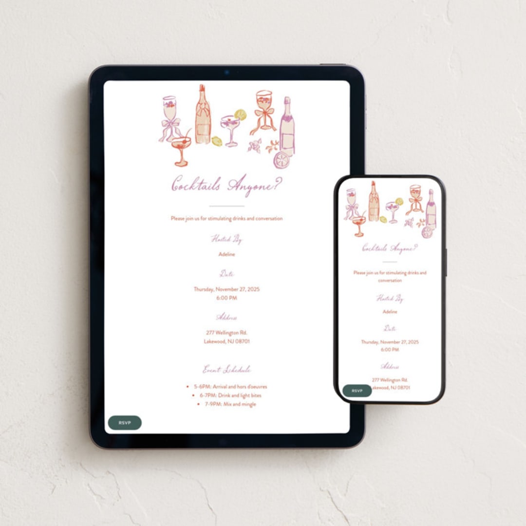 "cocktails and laughter" - Online Dinner and Cocktail Party Invitations in Orchid by Cass Loh - Mobile + desktop layout