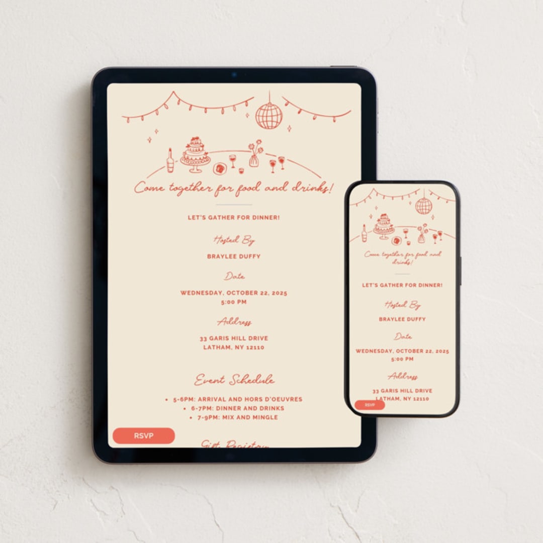 "Party On" - Online Dinner and Cocktail Party Invitations in Sangria Spark by Zove Ahhh - Mobile + desktop layout