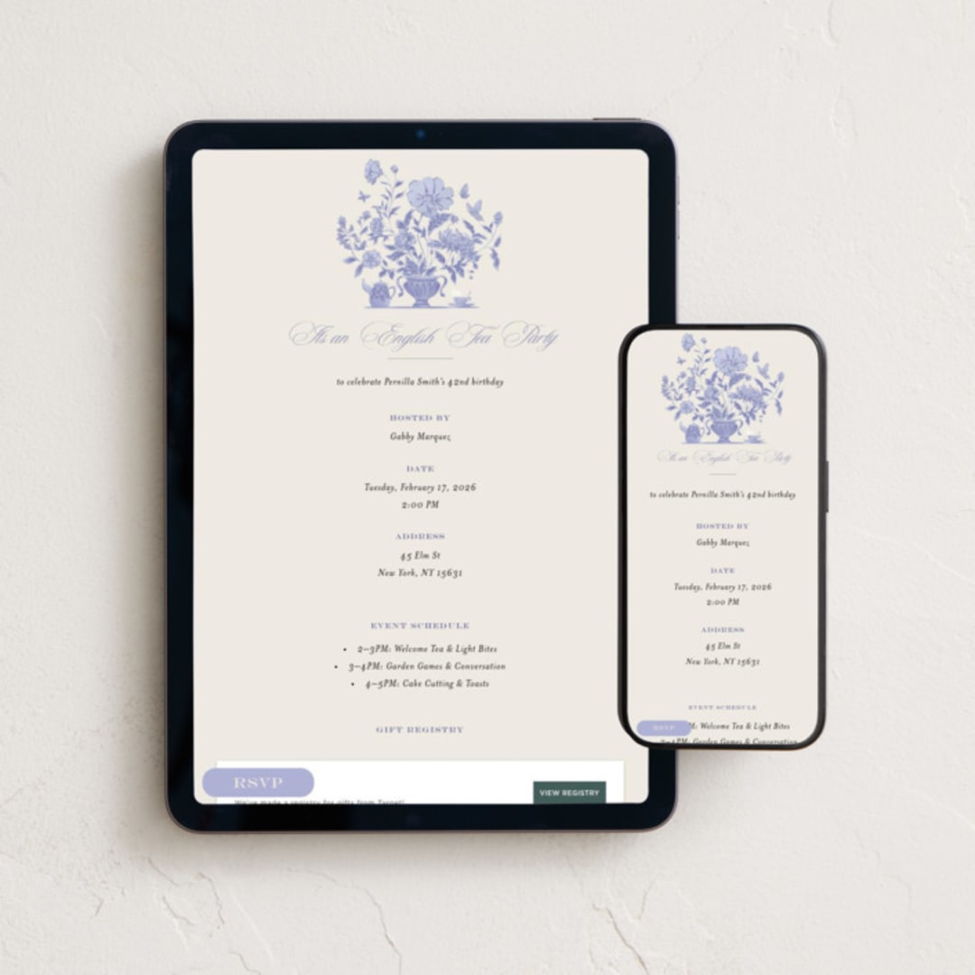 "English Garden" - Online Dinner and Cocktail Party Invitations in Butterfly Pea by Grae - Mobile + desktop layout