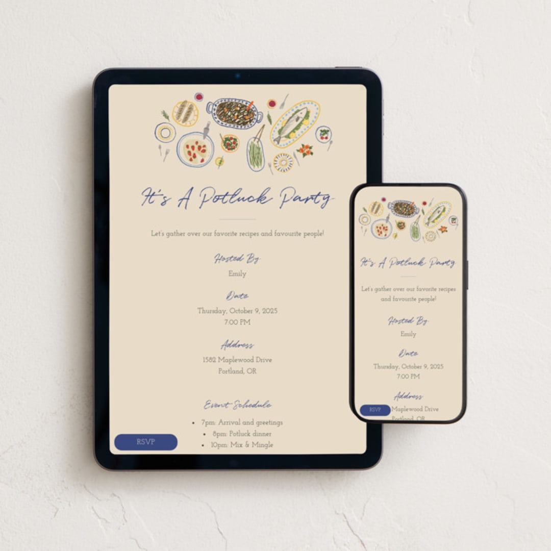 "Potluck Sketch" - Online Dinner and Cocktail Party Invitations in Pudding by Adelyn T. - Mobile + desktop layout
