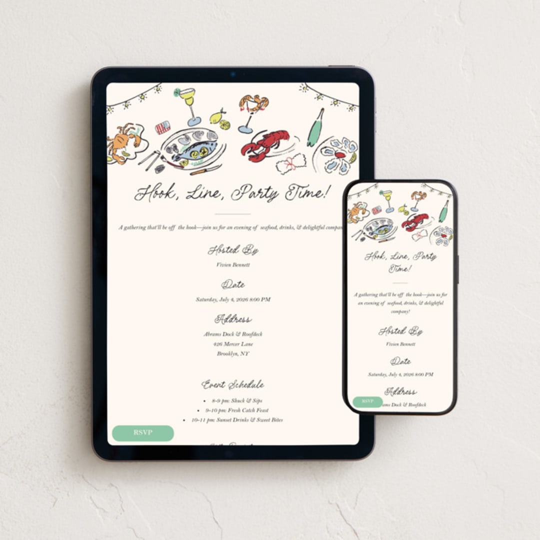 "Hook, Line, Party Time" - Online Dinner and Cocktail Party Invitations in Seashell by Sarah Rosenthal - Mobile + desktop layout