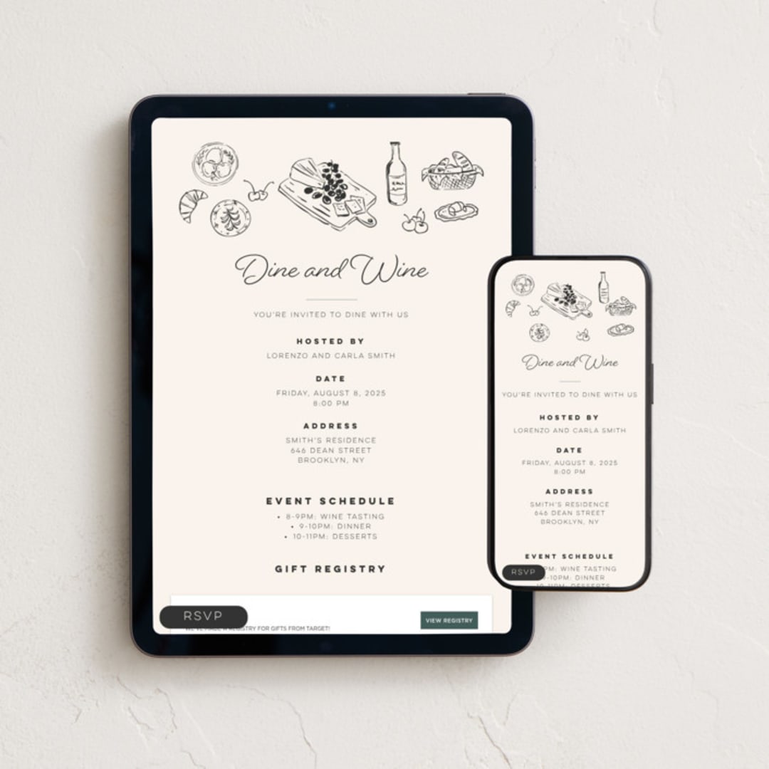 "Dine and Wine!" - Online Dinner and Cocktail Party Invitations in Latte by Sherley Ferreira - Mobile + desktop layout