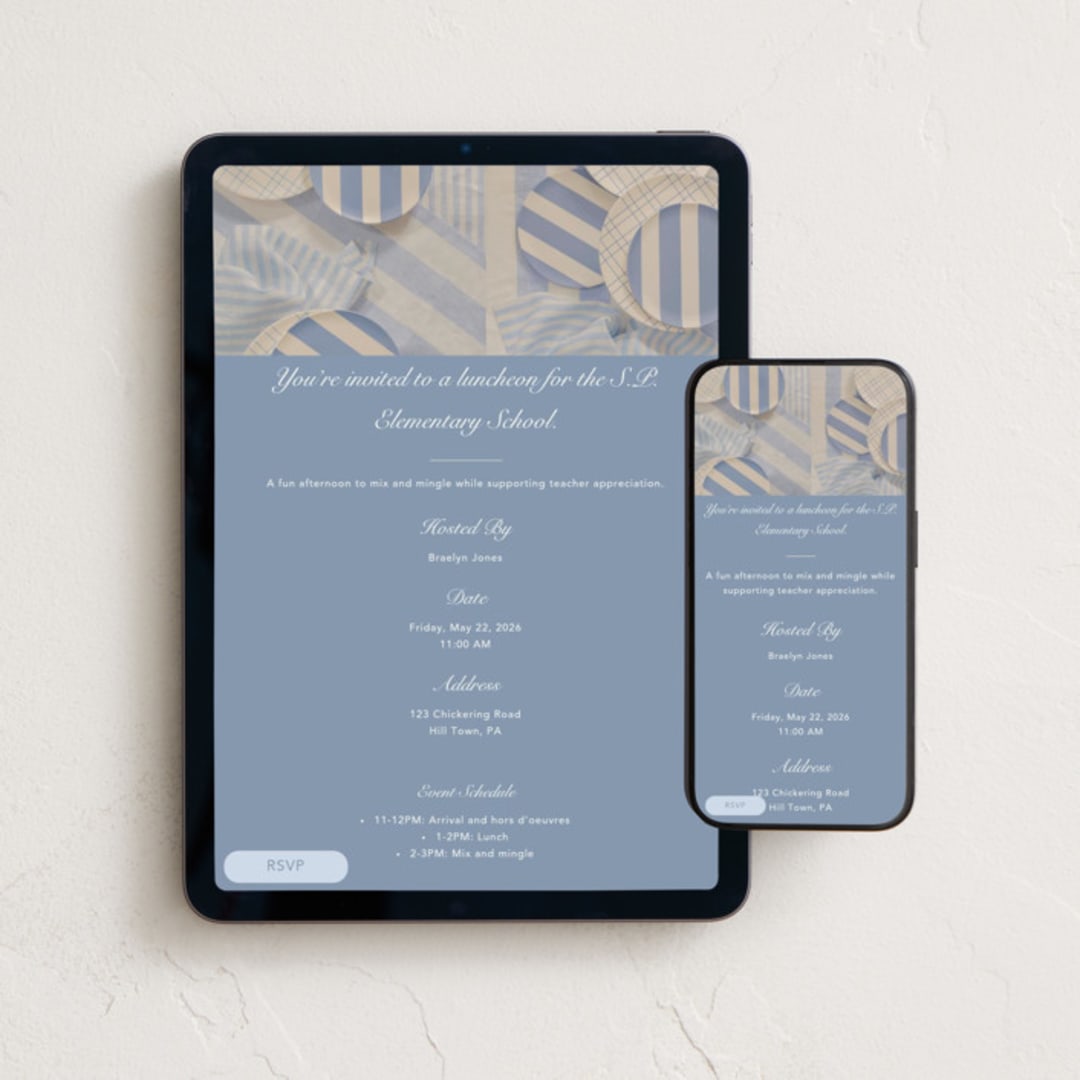 "Le Lunch" - Online Dinner and Cocktail Party Invitations in French Blue by Kelsey Mucci - Mobile + desktop layout