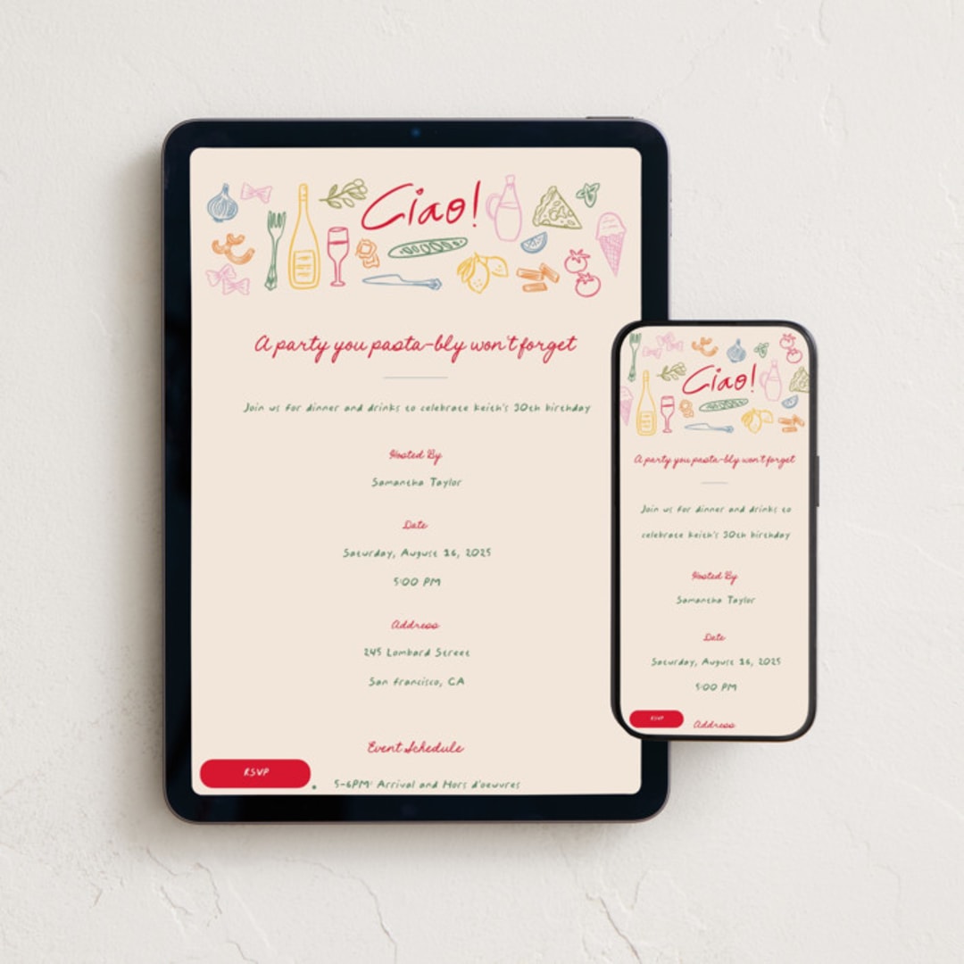 "pasta party" - Online Dinner and Cocktail Party Invitations in Gnocchi by Creo Study - Mobile + desktop layout