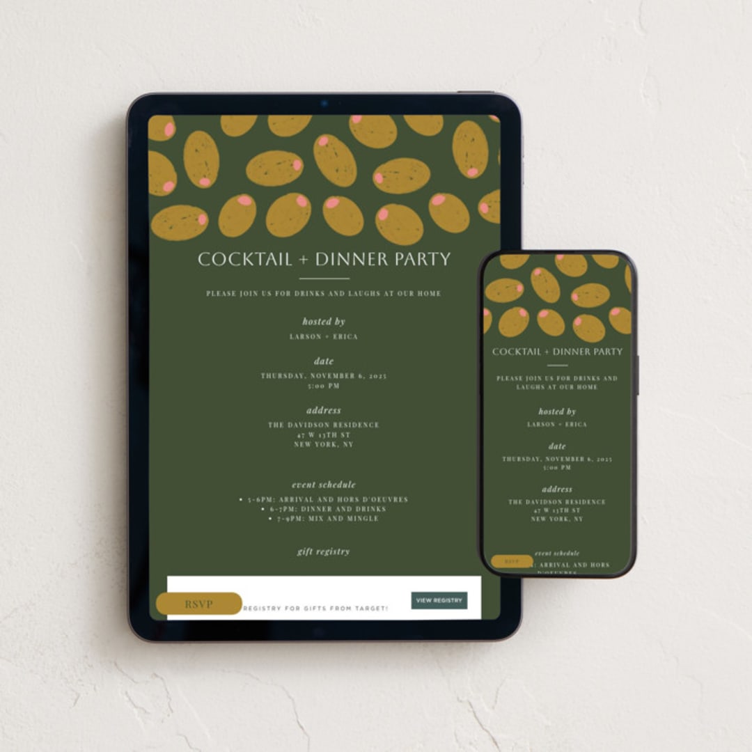 "Olives" - Online Dinner and Cocktail Party Invitations in Olive by Sierra Lee - Mobile + desktop layout