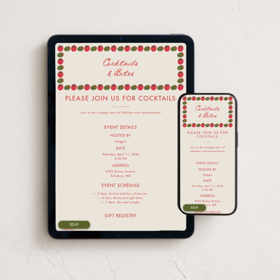 "Olive Bites" - Online Dinner and Cocktail Party Invitations in Saucy by Anna Elder - Mobile + desktop layout