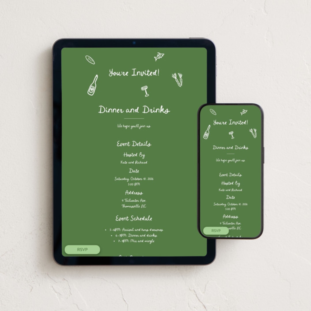 "First Course Party" - Online Dinner and Cocktail Party Invitations in Forest by Cotton and Bow - Mobile + desktop layout