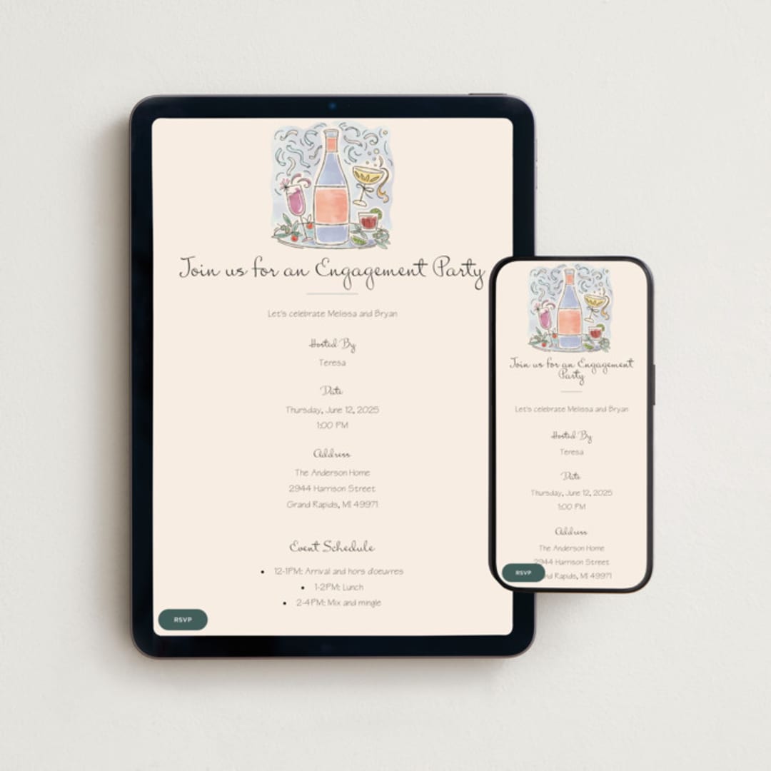"Shindig" - Online Engagement Party Invitations in Champagne by Paper Sun Studio - Mobile + desktop layout