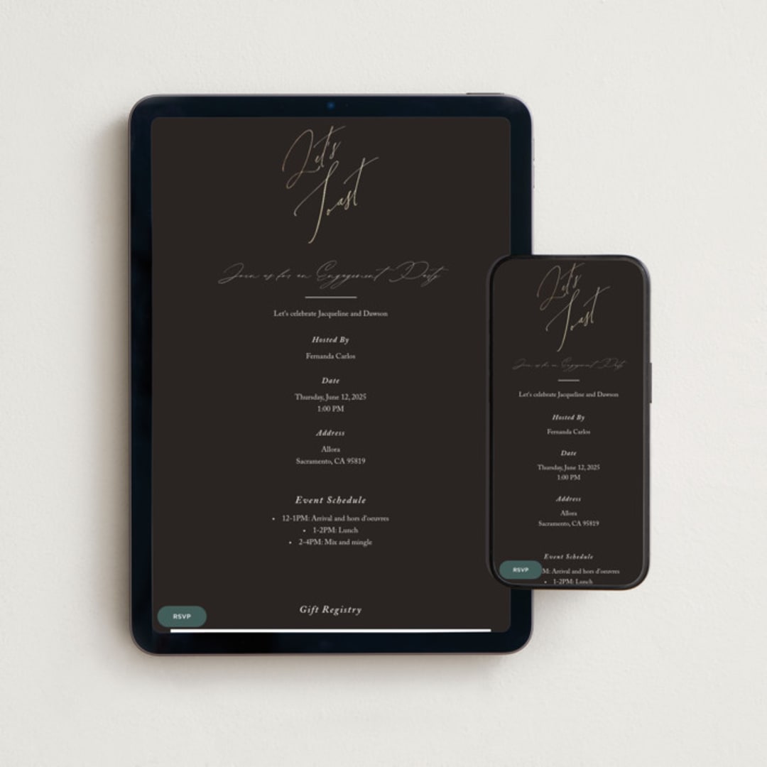 "Sparkled Toast" - Online Engagement Party Invitations in Cognac by Christie Garcia - Mobile + desktop layout
