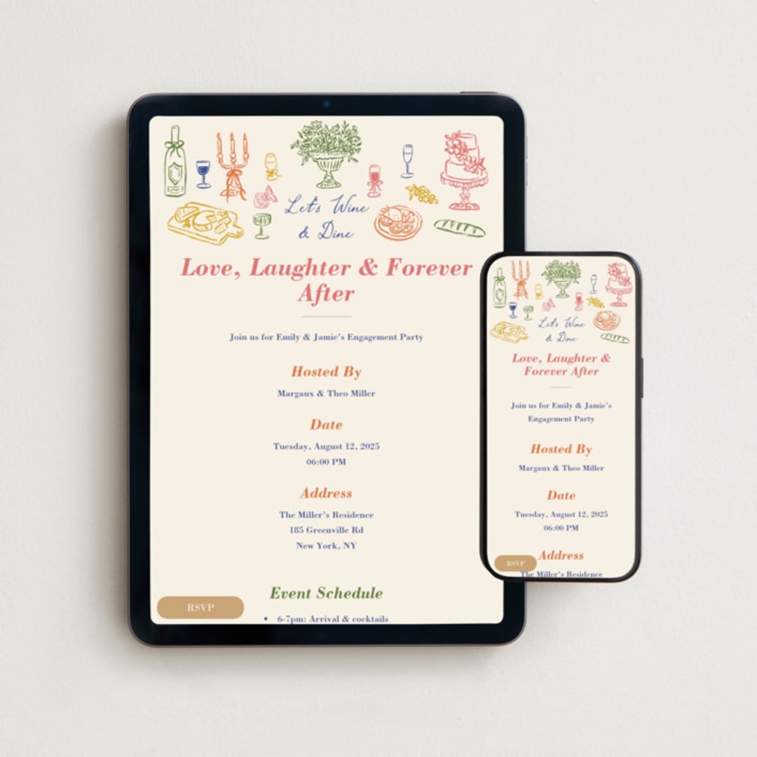 "Let's Wine & Dine" - Online Engagement Party Invitations in Pastel by Elly - Mobile + desktop layout