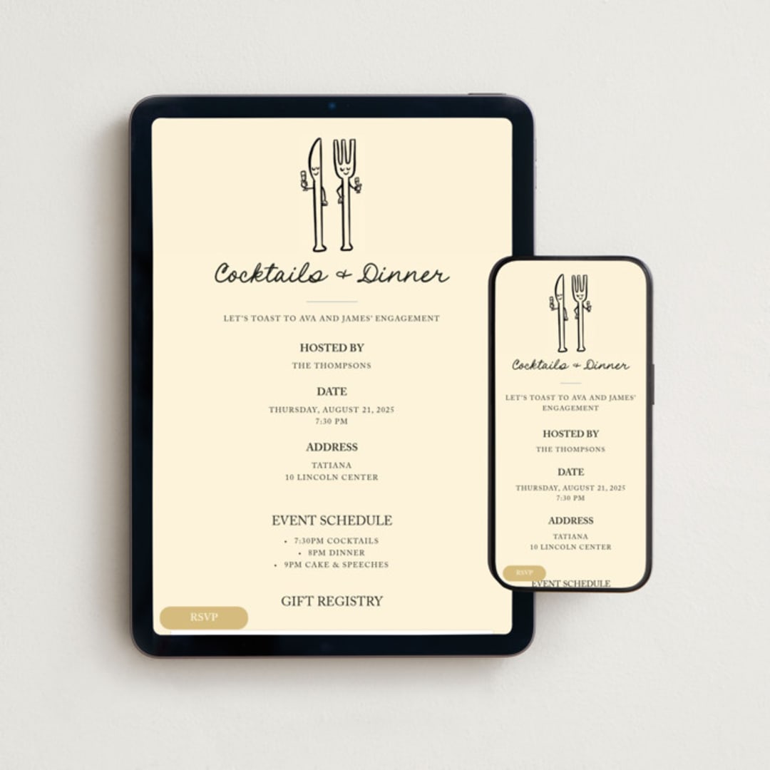 "Fork and Knife" - Online Engagement Party Invitations in Champagne by mo kelley - Mobile + desktop layout