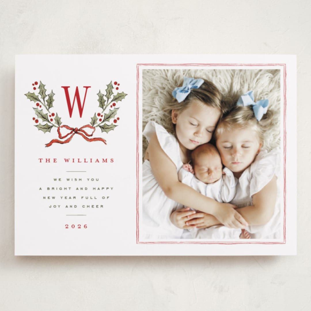 "Holly Monogram" - Holiday Cards in Holly Berry by Wildfield Paper Co - Front