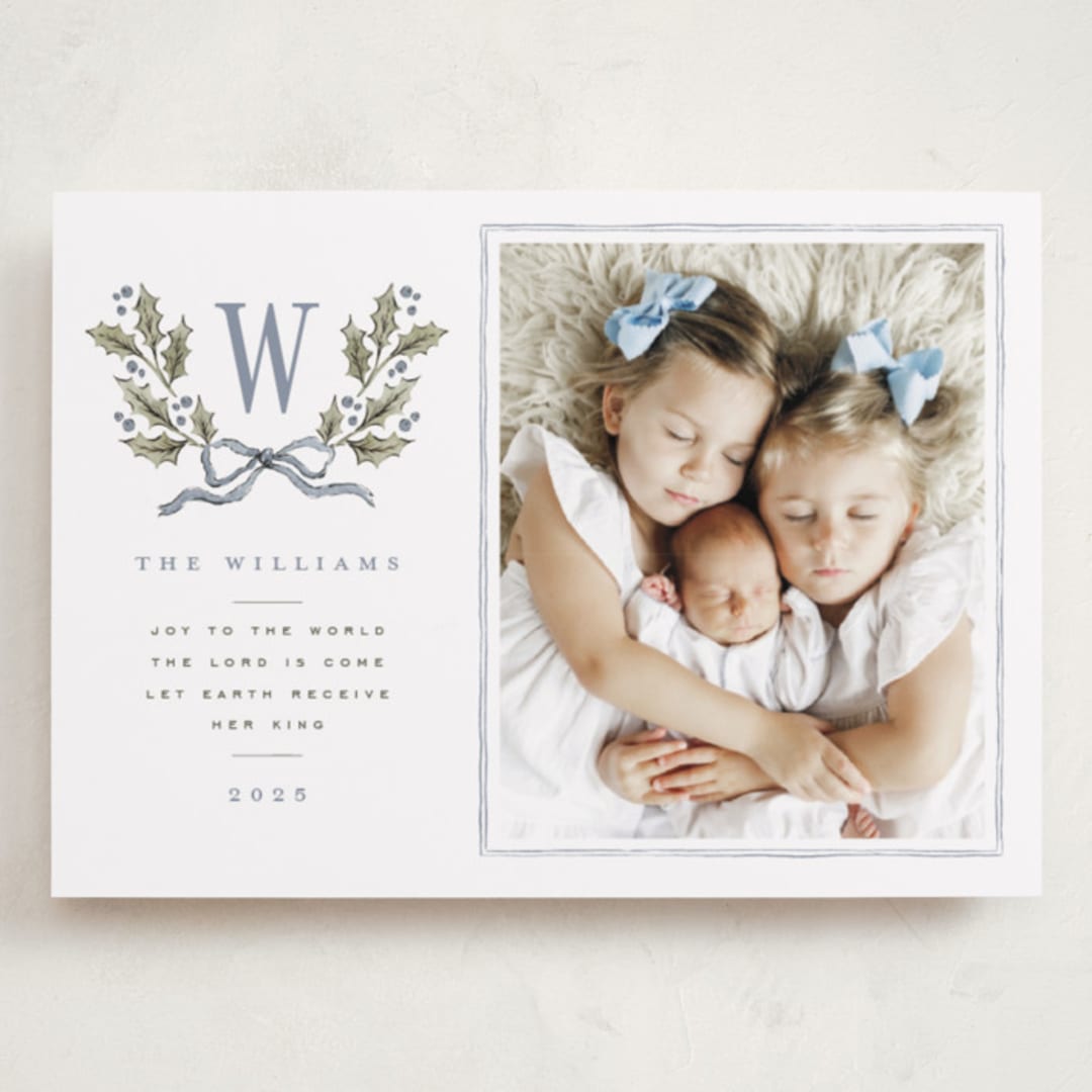 "Holly Monogram" - Holiday Cards in Blue Spruce by Wildfield Paper Co - Front