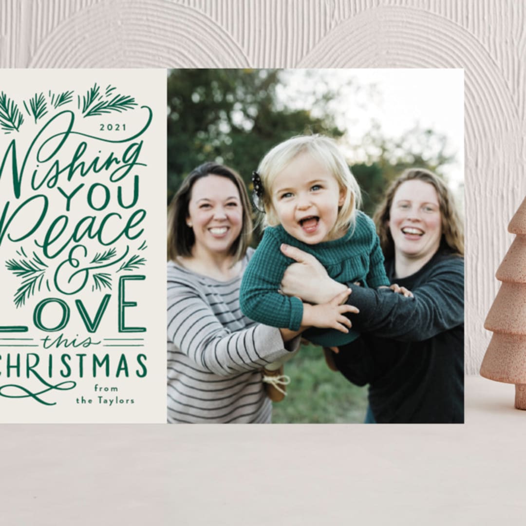 "Peace and Love Lettered" - Holiday Cards in Evergreen by Alethea and Ruth - Front