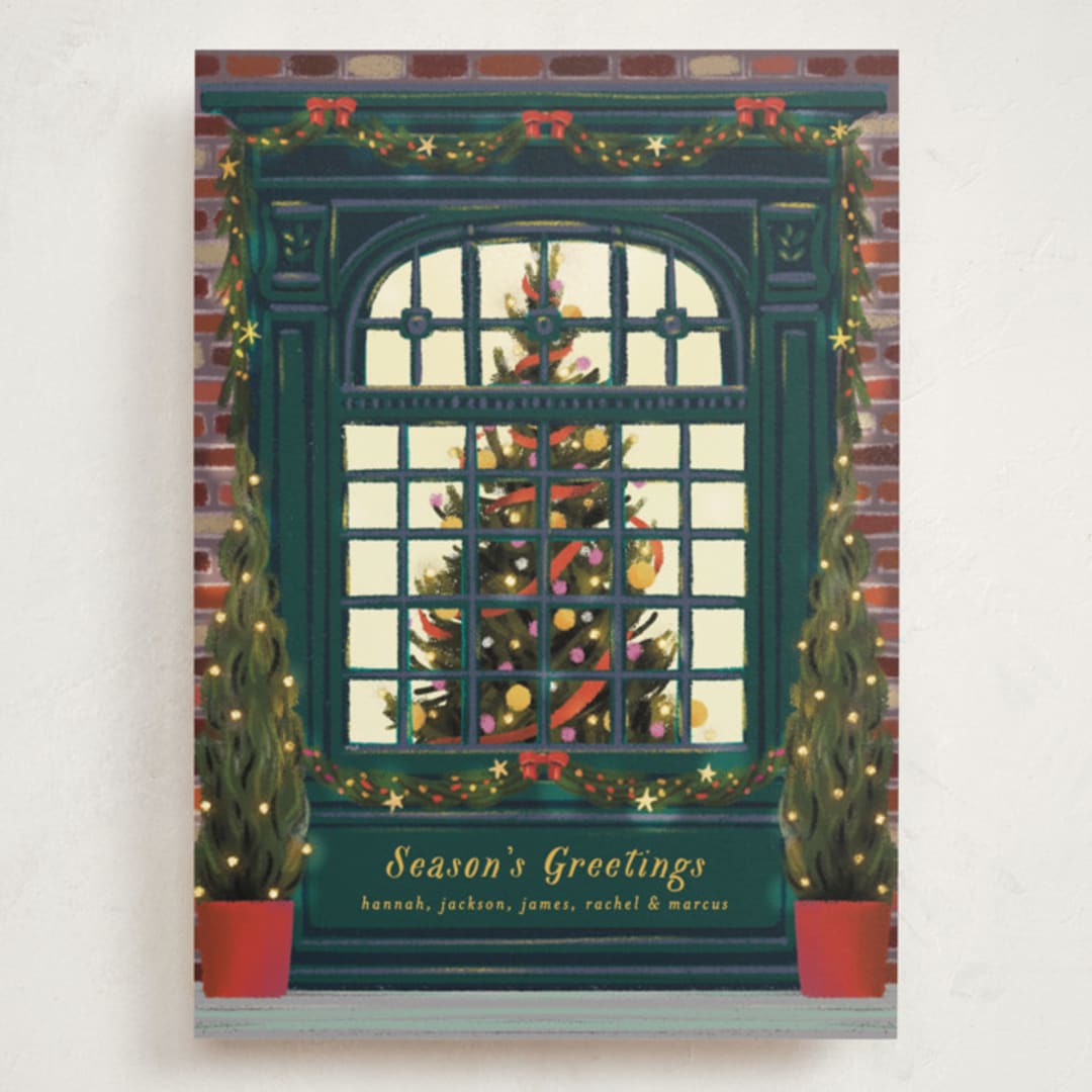 "Christmas Window" - Holiday Cards in Dark Turquoise by Becky Nimoy - Front
