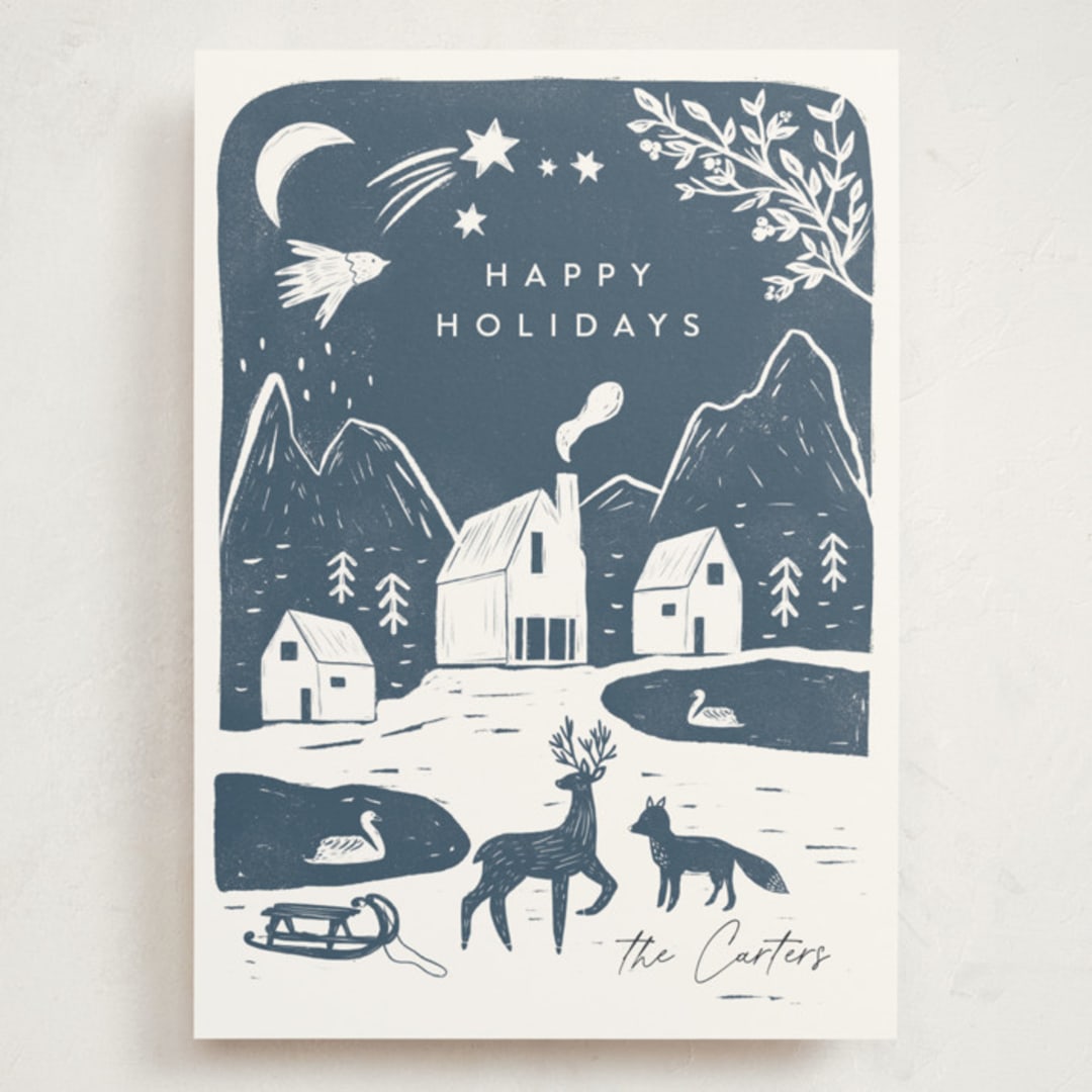 "Winter linocut" - Holiday Cards in Night by Maja Cunningham - Front