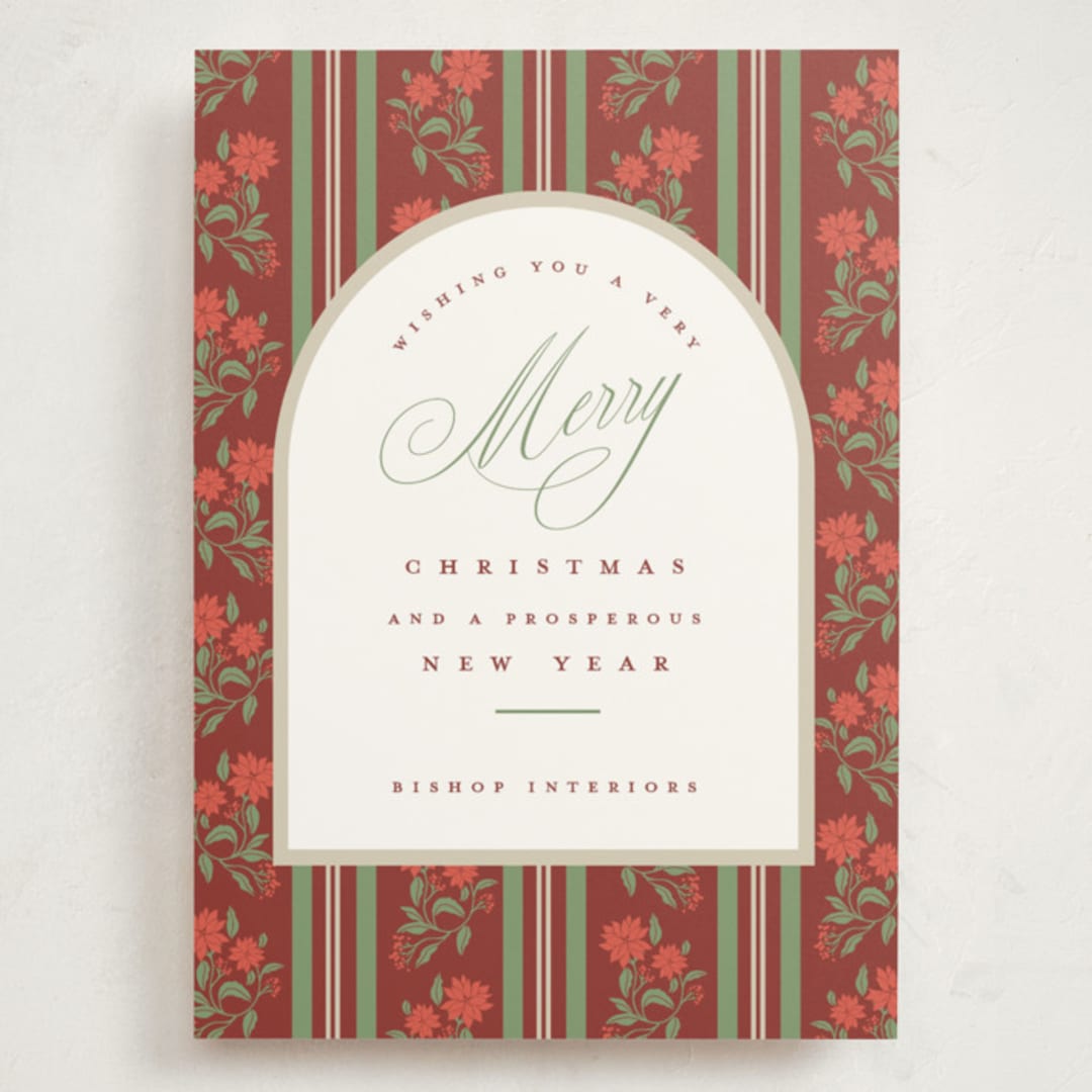 "Poinsettia Stripe Wallpaper" - Holiday Cards in Cranberry by Susan Zinader - Front