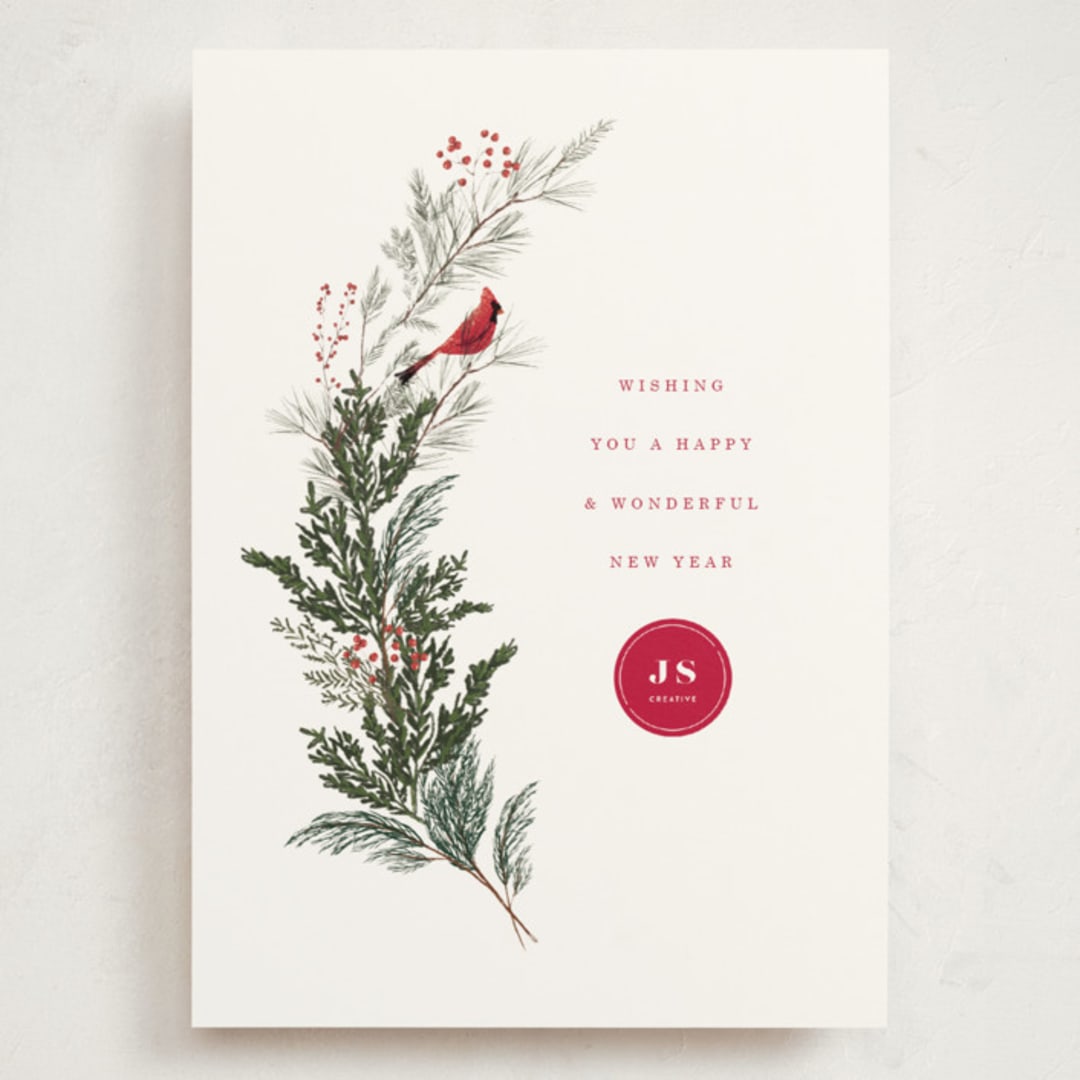 "Cardinal" - Holiday Cards in Holly Berry by Baumbirdy - Front