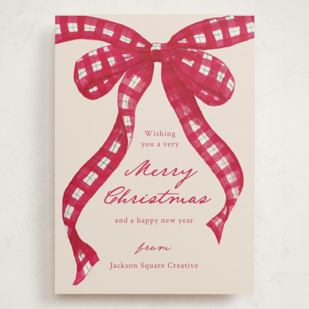 "Tartan Bow" - Holiday Cards in Cranberry by ForeverPrint - Front