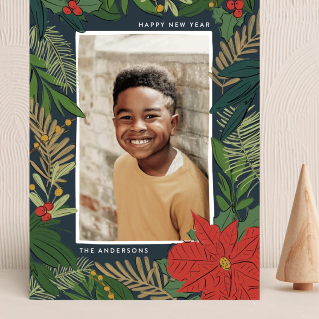 "Poinsettia and Pen" - Holiday Cards in Pine Needle by Annie Montgomery - Front