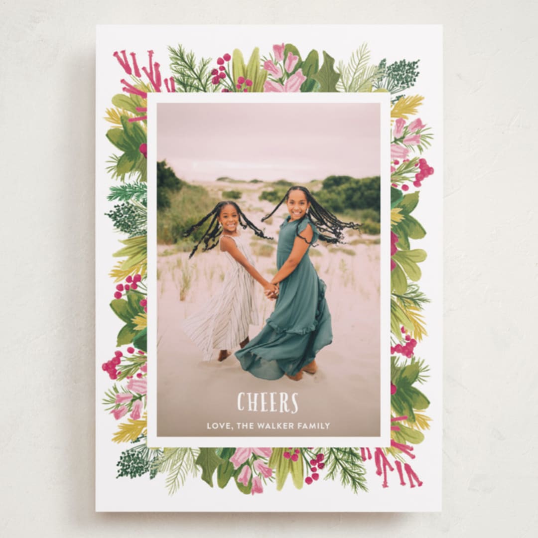 "Tropical Pines Frame" - Holiday Cards in Vintage Rose by Shiny Penny Studio - Front