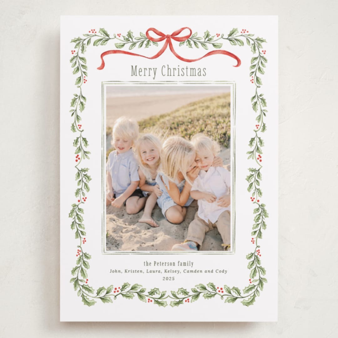 "Holly Garland and Bow" - Holiday Cards in Candy Cane by Paula Pecevich - Front
