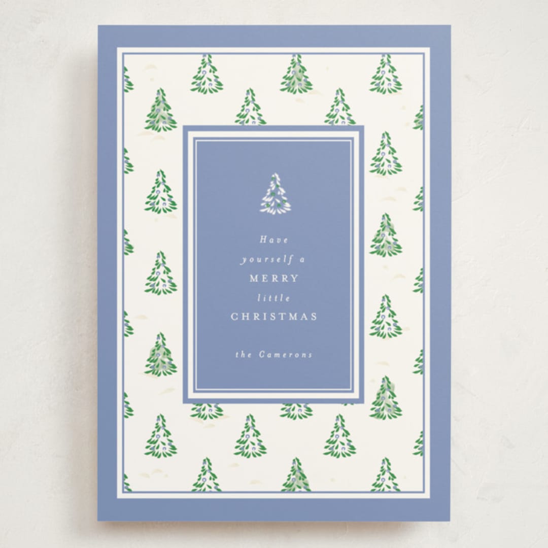 "Little Trees" - Holiday Cards in Provincial Blue by Corinne Malesic - Front