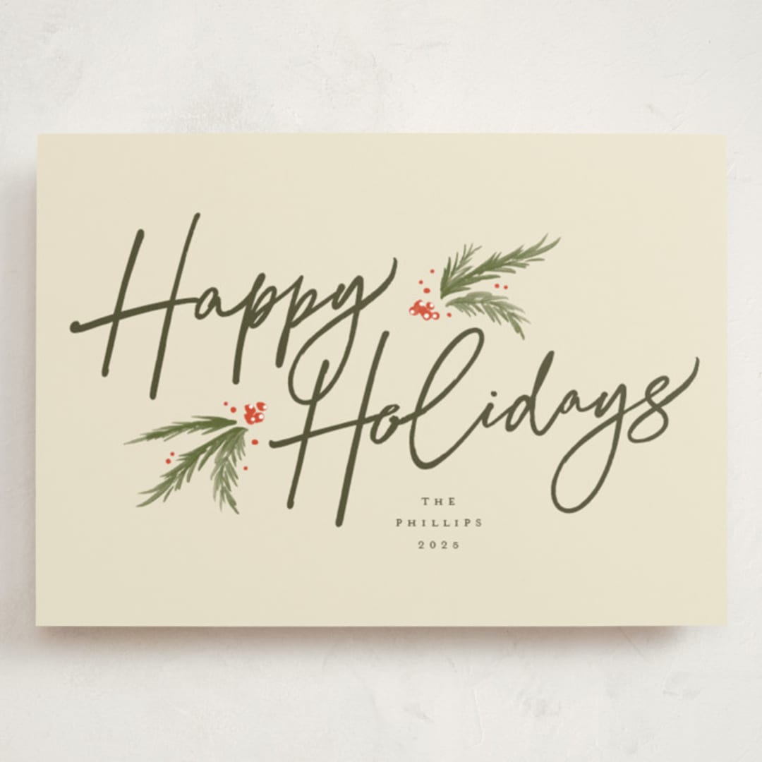 "Holiday Script" - Holiday Cards in Eggnog by Robert and Stella - Front