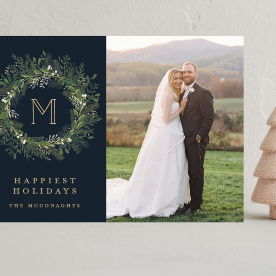 "Greenery Wreath" - Holiday Cards in Twilight by Susan Moyal - Front