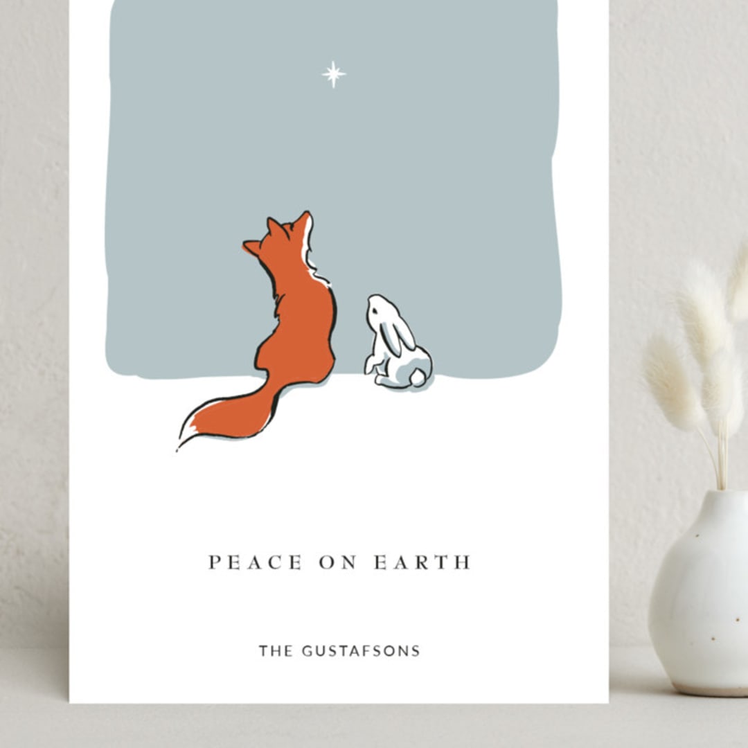 "Peace on Earth fox and rabbit" - Holiday Cards in Frost by Diane Pearse - Front