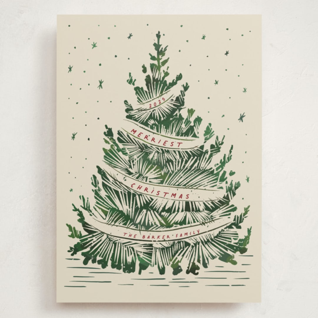 "Woodcut Christmas" - Holiday Cards in Cranberry by Paula Pecevich - Front