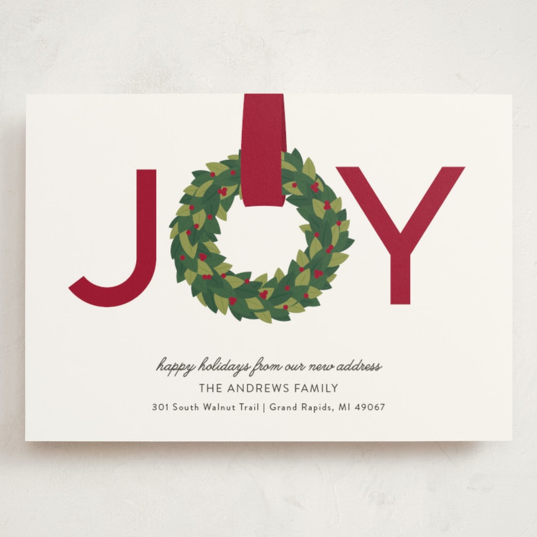 "Joy Wreath" - Holiday Cards in Cranberry by Sarah Brown - Front