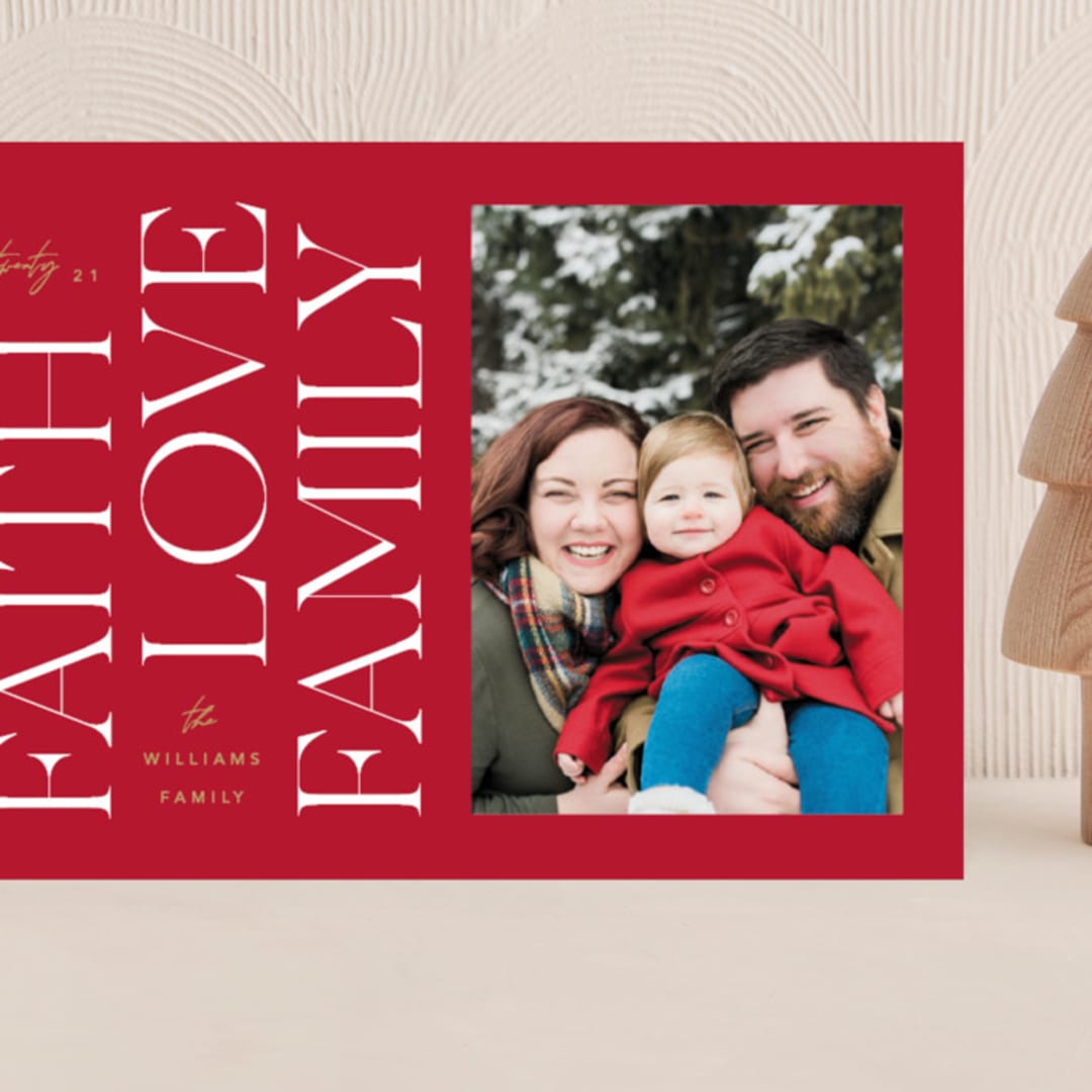 "Faith & Love & Family" - Holiday Cards in Berry by Robert and Stella - Front